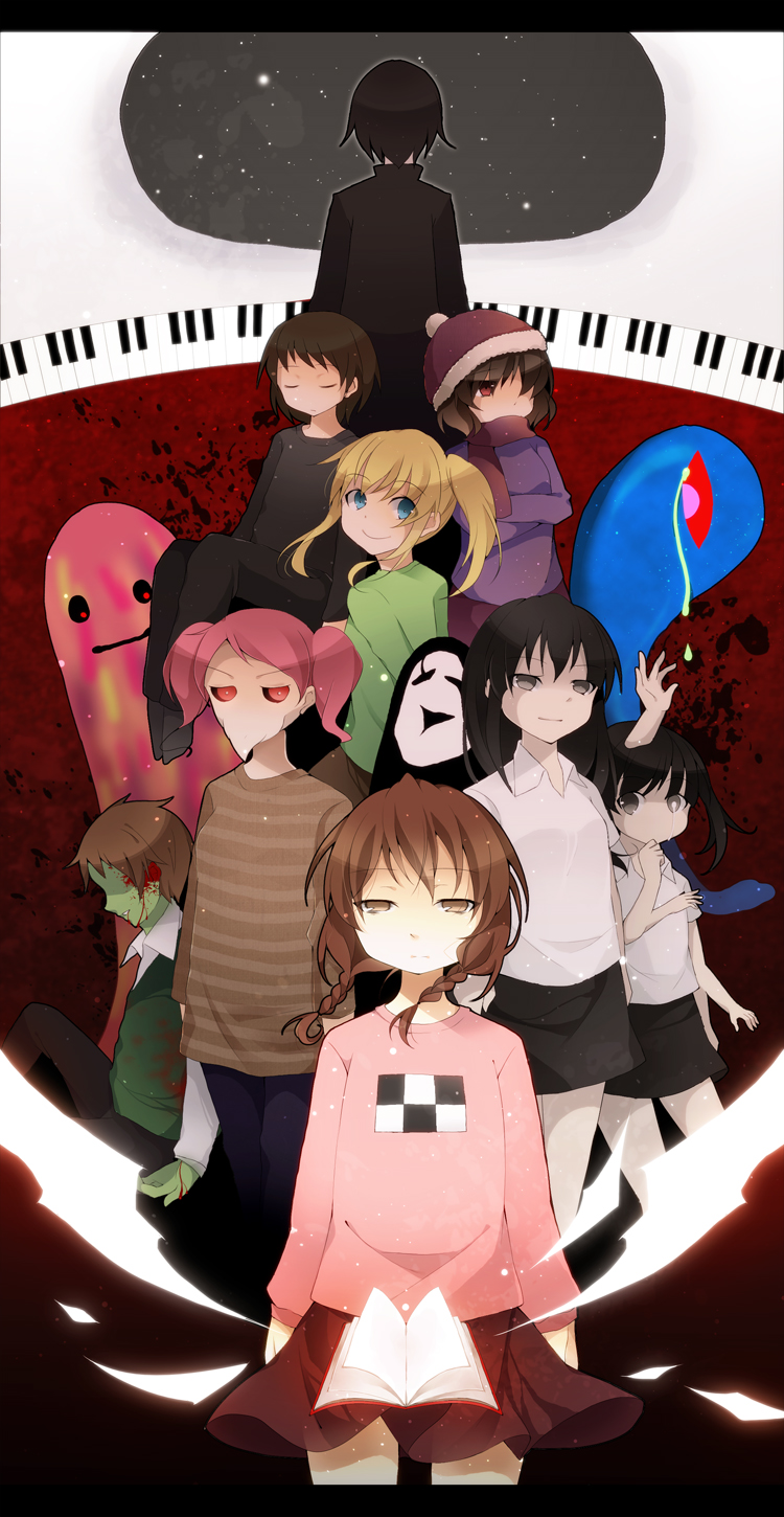 blood braid breasts extra_arms green_shirt highres kuran_(mkmrl) long_hair madotsuki monoe monoko multiple_boys multiple_girls pink_shirt poniko purple_skirt sekomumasada_sensei shirt short_hair skirt sweater toriningen twin_braids uboa yume_nikki