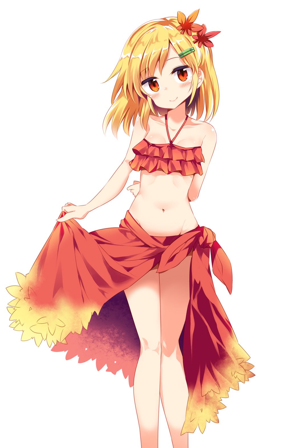 1girl aki_shizuha arm_behind_back bare_arms bare_legs bare_shoulders blonde_hair closed_mouth collarbone frilled_bikini_top hair_ornament hairclip halter_top halterneck head_tilt highres leaf_hair_ornament lifted_by_self looking_at_viewer maturiuta_sorato midriff navel orange_eyes red_bikini_top sarong simple_background smile solo standing stomach touhou white_background