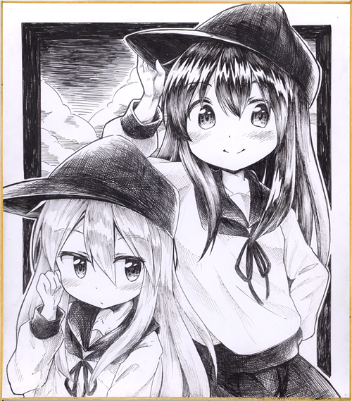 10s 2girls akatsuki_(kantai_collection) flat_cap greyscale hair_between_eyes hat hibiki_(kantai_collection) kantai_collection long_hair long_sleeves looking_at_viewer monochrome multiple_girls school_uniform serafuku shikishi smile tobi_(nekomata_homara)