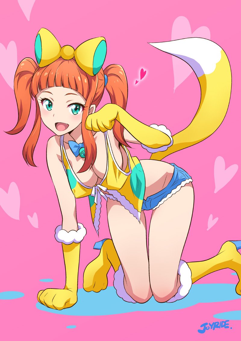 1girl aikatsu! aikatsu_stars! aqua_eyes bare_shoulders blue_background boots bow bowtie breasts cleavage collar denim denim_shorts elbow_gloves fang fox_tail gloves hair_bow heart high_heels joy_ride long_hair looking_at_viewer orange_hair paw_pose saotome_ako shorts smile solo tail thigh_gap thighs twintails yellow_boots yellow_bow yellow_gloves