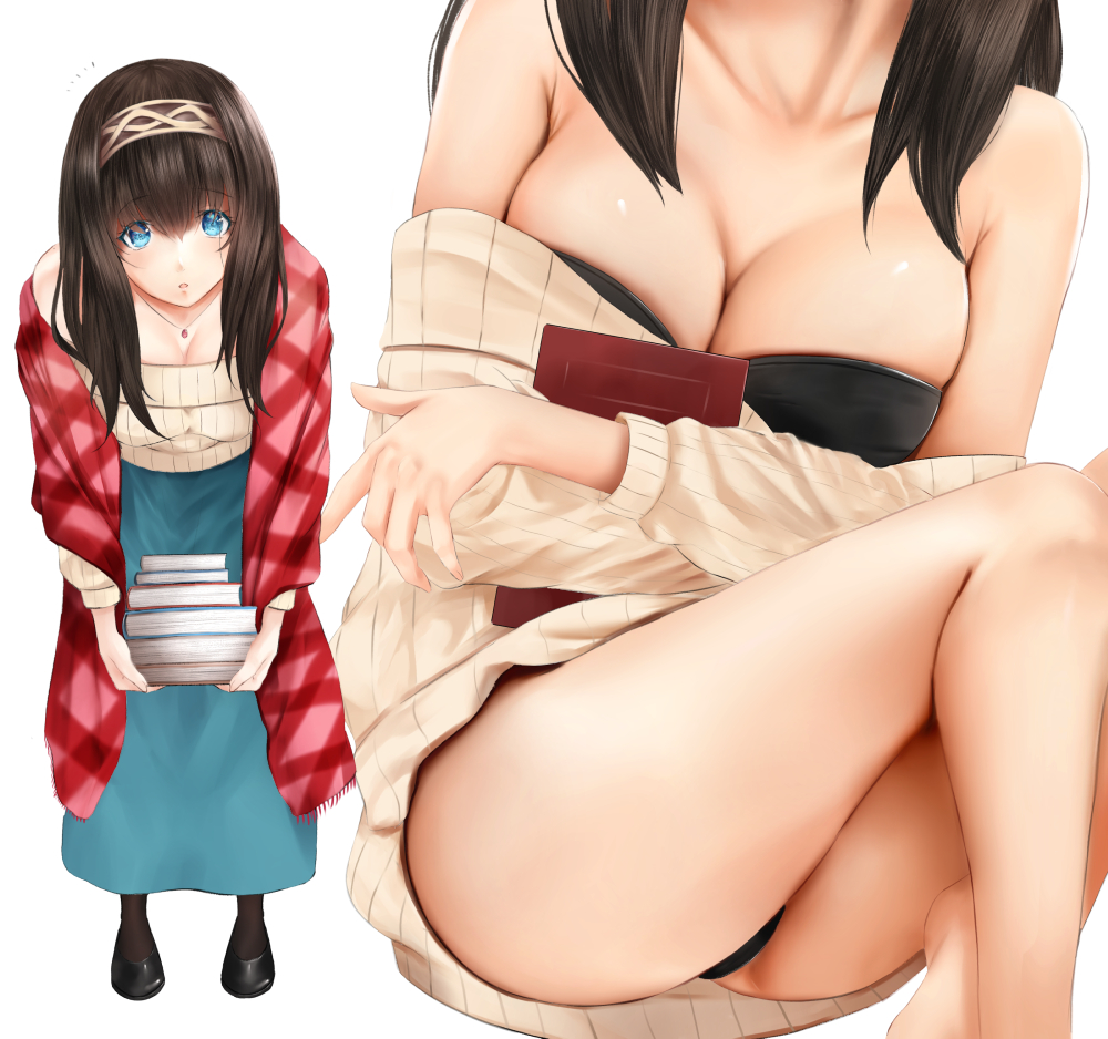 1girl bare_legs barefoot black_hair blue_eyes book breasts cleavage holding holding_book idolmaster idolmaster_cinderella_girls irohakaede jewelry large_breasts leaning_forward long_hair looking_at_viewer necklace off-shoulder_sweater panties pantyshot pantyshot_(sitting) ribbed_sweater sagisawa_fumika shawl simple_background sitting solo sweater underwear white_background