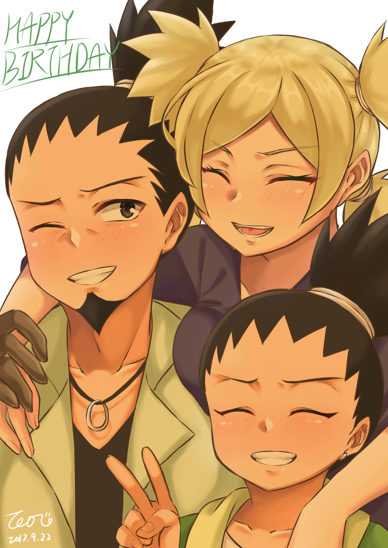 1girl 2boys black_hair blonde_hair blush closed_eyes dated facial_hair family father_and_son goatee happy_birthday highres husband_and_wife jewelry kanchaji long_hair multiple_boys nara_shikadai nara_shikamaru naruto necklace one_eye_closed ponytail quad_tails temari v