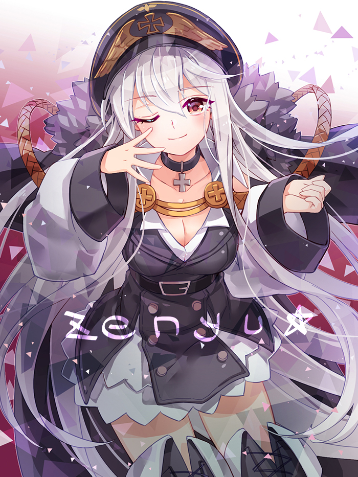 1girl absurdly_long_hair black_hat blush breasts choker cleavage closed_mouth collarbone eyebrows_visible_through_hair girls_frontline hat kar98k_(girls_frontline) large_breasts long_hair long_sleeves looking_at_viewer one_eye_closed red_eyes silver_hair smile solo very_long_hair zenyu