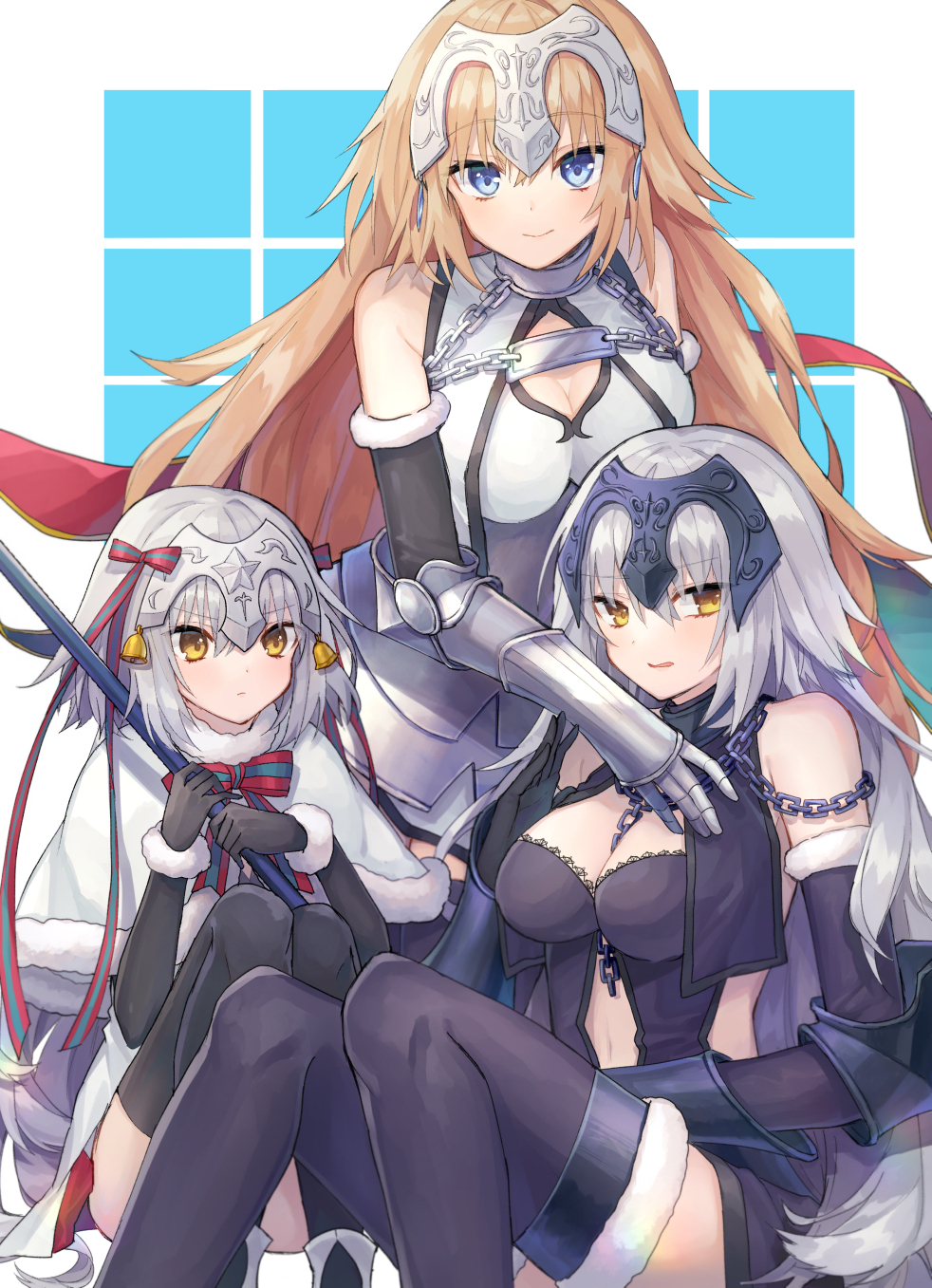 .com_(cu_105) 3girls bell black_gloves black_legwear blonde_hair blue_eyes breasts chains cleavage cleavage_cutout closed_mouth eyebrows_visible_through_hair fate/apocrypha fate/grand_order fate_(series) fur_trim gauntlets gloves headpiece highres jeanne_alter jeanne_alter_(santa_lily)_(fate) long_hair looking_at_viewer looking_to_the_side medium_breasts multiple_girls multiple_persona navel ribbon ruler_(fate/apocrypha) short_hair silver_hair sitting smile striped striped_ribbon thigh-highs yellow_eyes