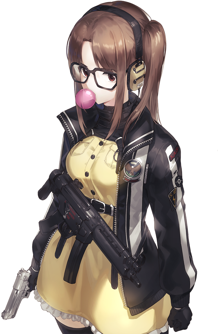 1girl badge belt black_gloves black_jacket black_legwear breasts brown_eyes brown_hair bubble_blowing buttons chewing_gum dress glasses gloves gun handgun headphones holding holding_gun holding_weapon jacket kfr long_hair long_sleeves looking_at_viewer medium_breasts military open_clothes open_jacket original pistol simple_background solo standing submachine_gun thigh-highs two_side_up weapon white_background yellow_dress