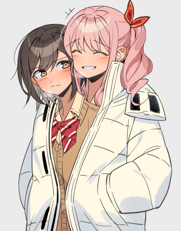 2girls akiyama_mizuki blush bow bowtie breath brown_cardigan brown_eyes brown_hair cardigan closed_eyes closed_mouth coat collared_shirt eyebrows_visible_through_hair grey_background hair_bow hands_in_pockets long_hair multiple_girls namgic pink_hair project_sekai red_bow red_bowtie shared_coat shinonome_ena shirt short_hair side_ponytail simple_background smile striped striped_bow striped_bowtie symbol-only_commentary upper_body white_coat yuri