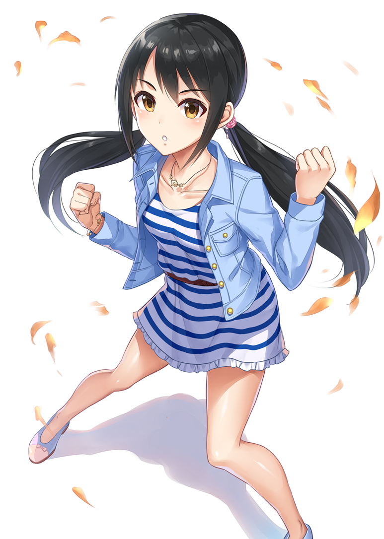 1girl :o arms_at_sides bangs bare_legs belt bent_elbow black_hair blue_jacket blush bracelet buttons clenched_hands collarbone commentary_request denim denim_jacket dress fighting_stance foreshortening frilled_dress frills from_above horizontal_stripes idolmaster idolmaster_cinderella_girls jacket jewelry legs_apart light_blush long_hair long_sleeves looking_at_viewer looking_up low_twintails nakano_yuka necklace no_socks open_clothes open_jacket parted_lips pendant petals shiny shiny_skin shoes simple_background solo standing striped striped_dress tareme twintails unbuttoned white_background yellow_eyes yuuhi_(ages)