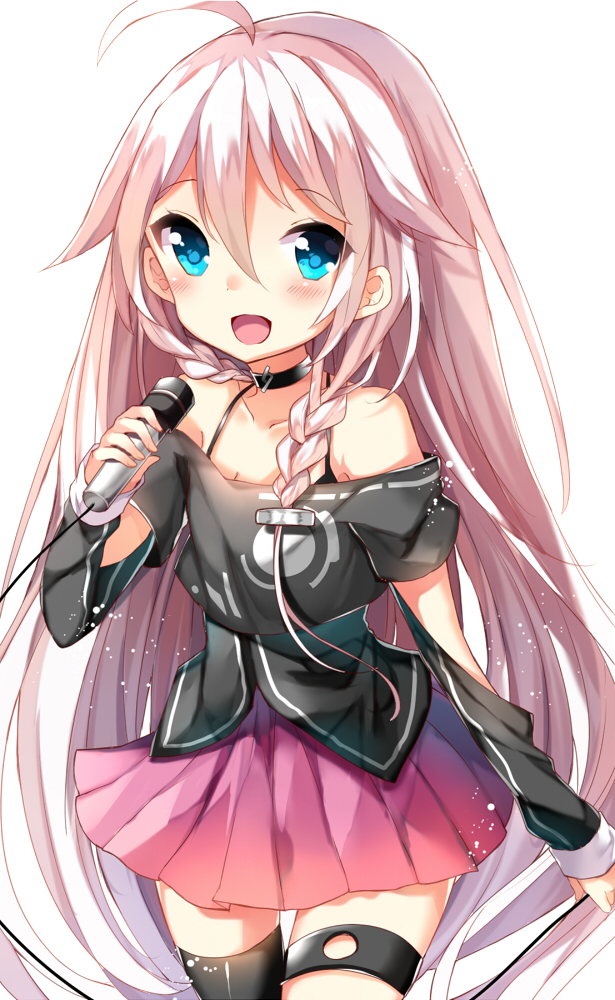 1girl :d ahoge bare_shoulders black_legwear black_neckwear black_shirt blue_eyes blush braid cable collarbone commentary_request cowboy_shot eyebrows_visible_through_hair hair_between_eyes hair_flaps hair_over_shoulder halter_top halterneck holding holding_microphone ia_(vocaloid) ikari_(aor3507) long_hair long_sleeves looking_at_viewer microphone mismatched_legwear off-shoulder_shirt open_mouth pink_hair pink_skirt pleated_skirt shirt simple_background single_thighhigh skirt smile solo standing tareme thigh-highs twin_braids very_long_hair vocaloid white_background