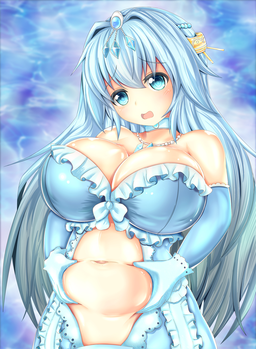1girl aurora_star_coral bangs bare_shoulders belly belly_grab blue_eyes blue_hair blush breasts cardfight!!_vanguard cleavage dress gloves gradient_hair hair_ornament highres large_breasts long_hair looking_at_viewer mermaid monster_girl navel open_mouth plump run silver_hair solo tail weight_conscious