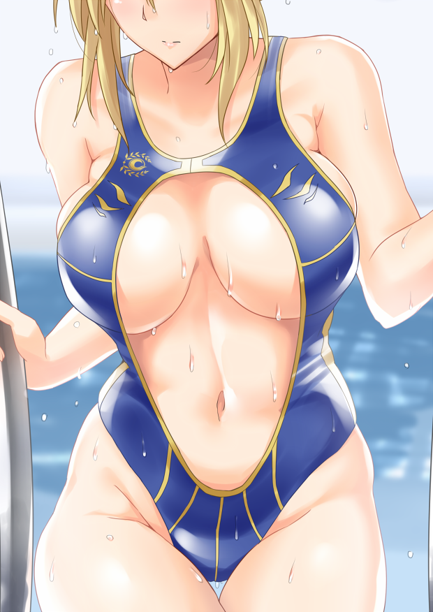 1girl artoria_pendragon_(all) artoria_pendragon_(lancer) bangs bare_arms bare_shoulders blue_swimsuit blurry blurry_background braid breasts breasts_apart casual_one-piece_swimsuit center_opening climbing climbing_ladder close-up closed_mouth collarbone colored_eyelashes commentary cowboy_shot dripping expressionless fate/grand_order fate_(series) french_braid gachou groin large_breasts looking_at_viewer navel one-piece_swimsuit pool pool_ladder sideboob sidelocks solo swimsuit thigh_gap water_drop wet