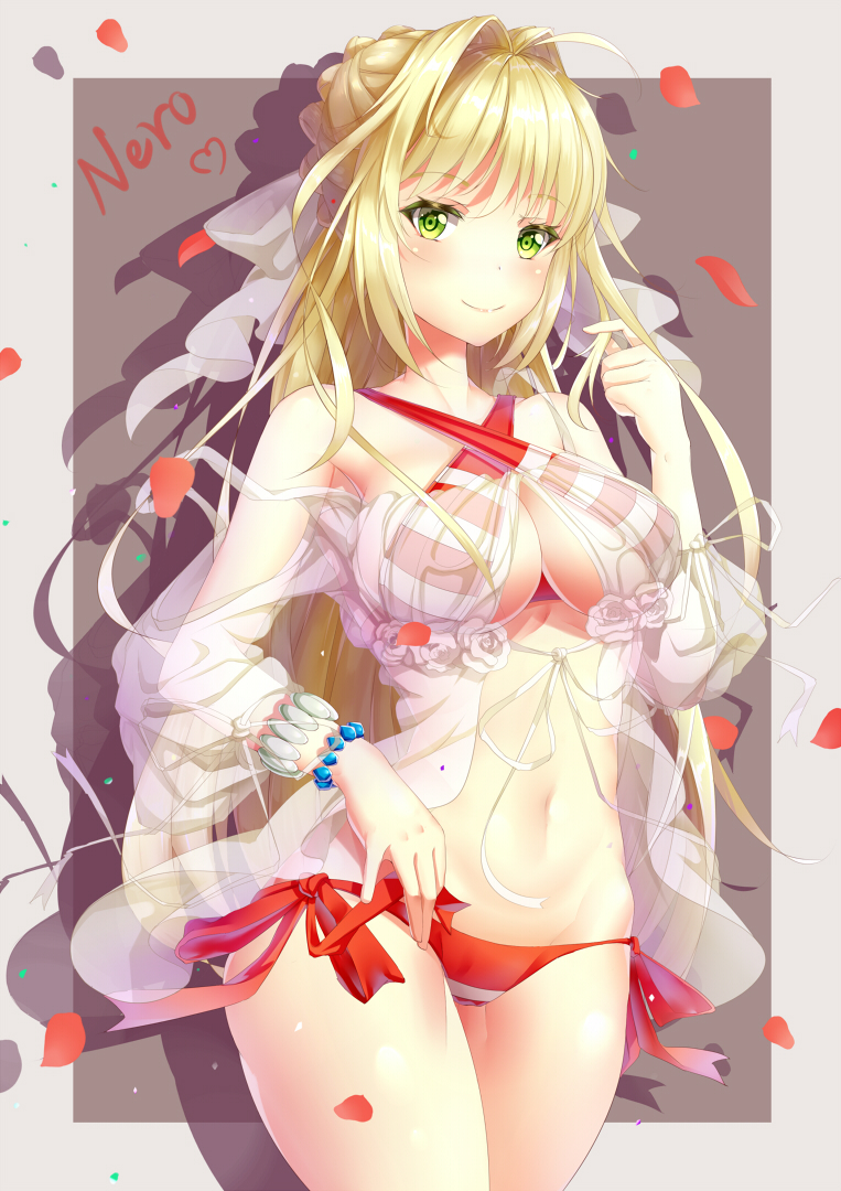 1girl ahoge bare_shoulders bikini blonde_hair border bracelet brown_background closed_mouth cowboy_shot criss-cross_halter fate/grand_order fate_(series) flower front-tie_top green_eyes grey_border hair_intakes halterneck heart jewelry long_hair looking_at_viewer navel nero_claudius_(swimsuit_caster)_(fate) petals red_ribbon red_swimsuit ribbon rose see-through shiny shiny_hair side-tie_bikini simple_background smile solo standing stomach strap_slip striped striped_swimsuit swimsuit tsurime very_long_hair white_rose xi_zhujia_de_rbq