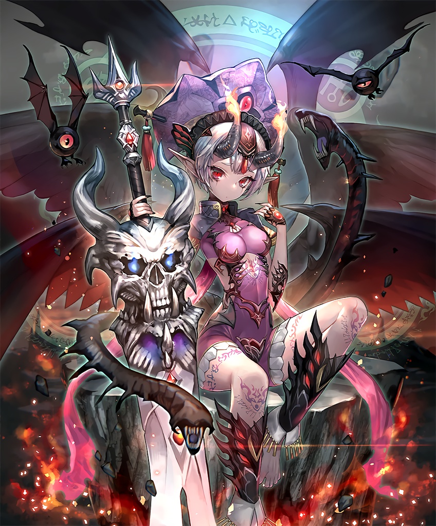 10s 1girl artist_request barefoot bat_wings cygames dark_bladefiend eyebrows_visible_through_hair hat horns huge_weapon multiple_wings official_art pointy_ears red_eyes shadowverse shingeki_no_bahamut short_hair single_eye sword tattoo weapon white_hair wings