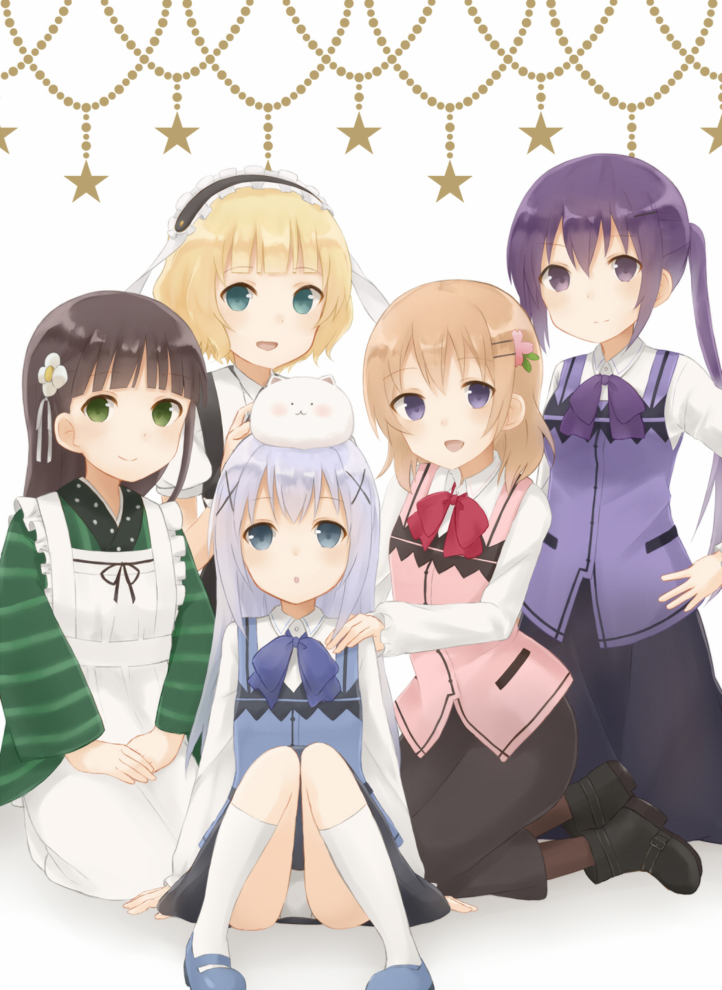 5girls :d :o ahoge ama_usa_an_uniform angora_rabbit animal animal_ears animal_on_head apron aqua_eyes bangs black_footwear blue_bow blue_eyes blue_footwear blue_neckwear blue_vest blunt_bangs blush bow bowtie breasts brown_hair bunny_on_head buttons closed_mouth collared_shirt commentary_request copyright_name covering_mouth everyone eyebrows_visible_through_hair fake_animal_ears flat_chest fleur_de_lapin_uniform floppy_ears flower full_body gochuumon_wa_usagi_desu_ka? green_eyes green_kimono hair_flower hair_ornament hairclip hand_on_another's_shoulder hand_on_hip highres holding hoto_cocoa japanese_clothes kafuu_chino kimono kirima_sharo kneehighs long_hair looking_at_viewer maid_headdress multiple_girls on_head open_mouth orange_hair otoharu panties pantyhose pantyshot pantyshot_(sitting) pink_vest puffy_sleeves purple_bow purple_bowtie purple_hair purple_vest rabbit rabbit_ears rabbit_house_uniform red_bow red_bowtie ribbon seiza shadow shirt shoes short_hair sitting skirt small_breasts smile star striped striped_kimono teapot tedeza_rize tippy_(gochiusa) twintails ujimatsu_chiya underwear vest violet_eyes white_apron white_background white_flower white_legwear white_panties white_ribbon white_shirt wing_collar wrist_cuffs x_hair_ornament