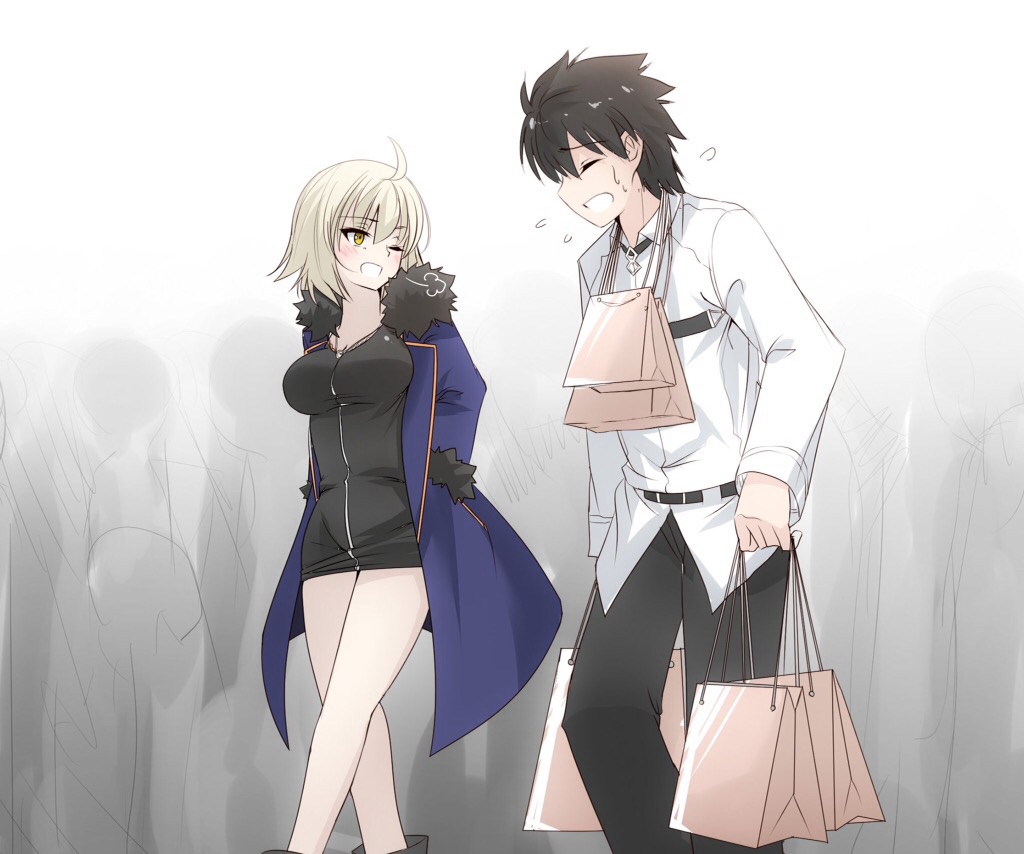 1boy 1girl =3 ahoge black_hair blonde_hair blush breasts closed_eyes fate/grand_order fate_(series) flying_sweatdrops fujimaru_ritsuka_(male) fur-trimmed_jacket fur_trim hands_in_pockets jacket jeanne_alter koro_(tyunnkoro0902) large_breasts legs one_eye_closed ruler_(fate/apocrypha) short_hair smile sweatdrop thighs walking