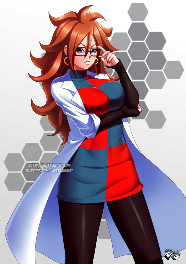 1girl android android_21 big_hair black-framed_eyewear black_legwear black_nails blue_eyes breasts brown_hair curly_hair dragon_ball dragon_ball_fighterz dress earrings female glasses hoop_earrings jadenkaiba jewelry labcoat large_breasts long_hair looking_at_viewer medium_breasts multicolored_clothes multicolored_dress nail_polish pantyhose redhead solo thighs