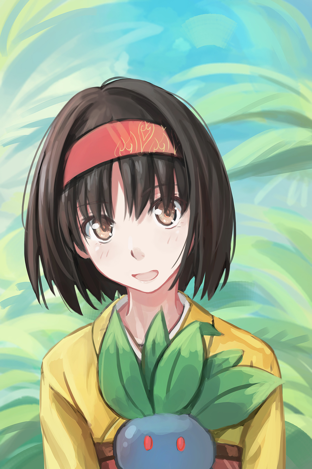 1girl :d bangs black_hair blush brown_eyes erika_(pokemon) eyebrows_visible_through_hair hairband head_tilt highres japanese_clothes kimono leaf oddish open_mouth pokemon pokemon_(creature) pokemon_(game) pokemon_hgss red_eyes red_hairband redpoke sash short_hair smile tareme upper_body yellow_kimono