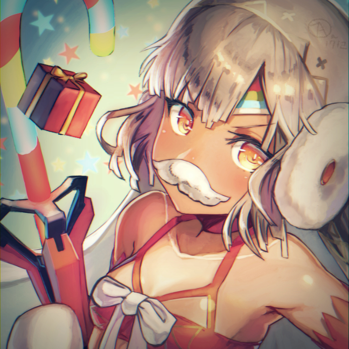 1girl altera_(fate) altera_the_santa armpits bangs bare_shoulders bikini bikini_top blush box breasts bright_pupils candy candy_cane cleavage detached_sleeves earmuffs fate/grand_order fate_(series) food forehead_protector garutaisa gift gift_box holding looking_at_viewer orange_eyes red_bikini red_choker ribbon short_hair silver_hair small_breasts solo star starry_background swimsuit upper_body veil white_ribbon