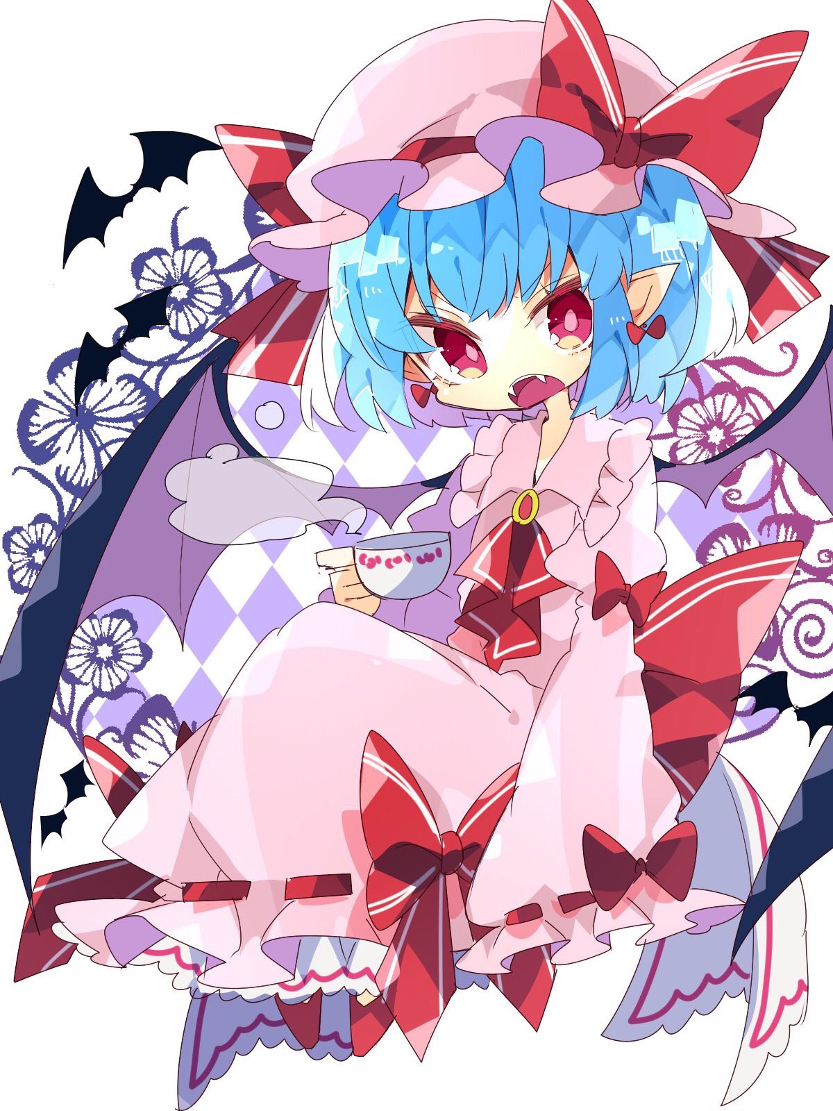 1girl bat bat_wings blue_hair bow cup dress earrings fang frilled_shirt frilled_shirt_collar frilled_sleeves frills full_body hair_ribbon hat hat_ribbon highres jewelry looking_at_viewer mob_cap nikorashi-ka open_mouth pink_dress pointy_ears puffy_sleeves red_bow red_eyes red_ribbon red_shoes remilia_scarlet ribbon ribbon_trim shirt shoes short_hair sitting teacup touhou wings