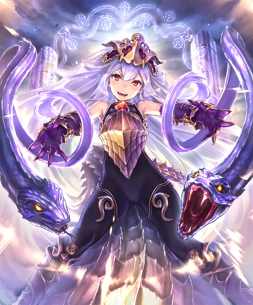 &gt;:d 10s 1girl :d artist_request bare_shoulders breastplate cygames elbow_gloves fangs gloves headpiece lavender_hair long_hair medusa_(shingeki_no_bahamut) official_art open_mouth orange_eyes pillar riding scales shadowverse shingeki_no_bahamut smile snake solid_eyes tail very_long_hair yellow_eyes