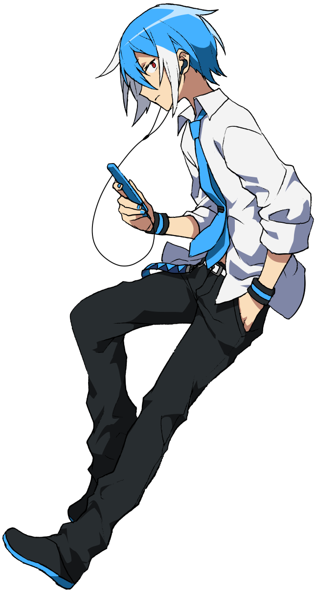 1boy belt blue_hair blue_nails cellphone earphones expressionless full_body hand_in_pocket highres looking_at_viewer male_focus matsuda_toki matsudappoiyo nail_polish necktie official_art pants phone short_hair smartphone solo transparent_background utau wristband