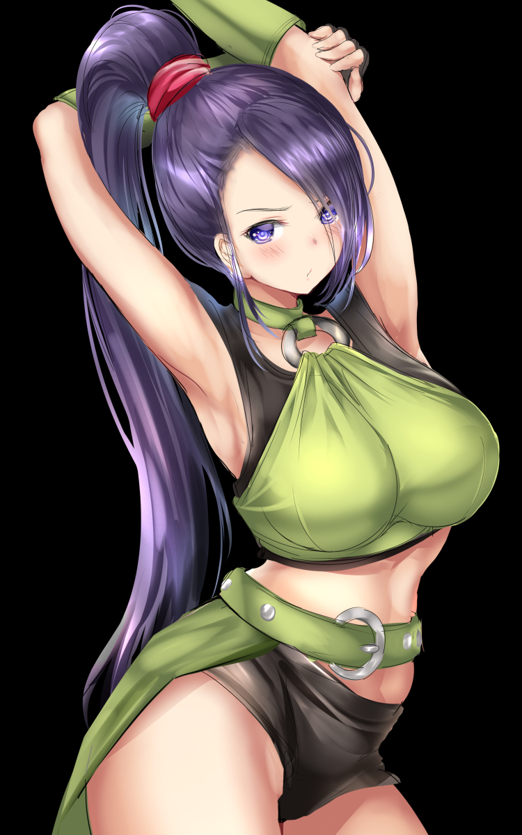 1girl armpits arms_behind_head arms_up bare_shoulders breasts commentary_request dragon_quest dragon_quest_xi gorua_(youce01) highres large_breasts long_hair looking_at_viewer martina_(dq11) ponytail purple_hair solo very_long_hair violet_eyes