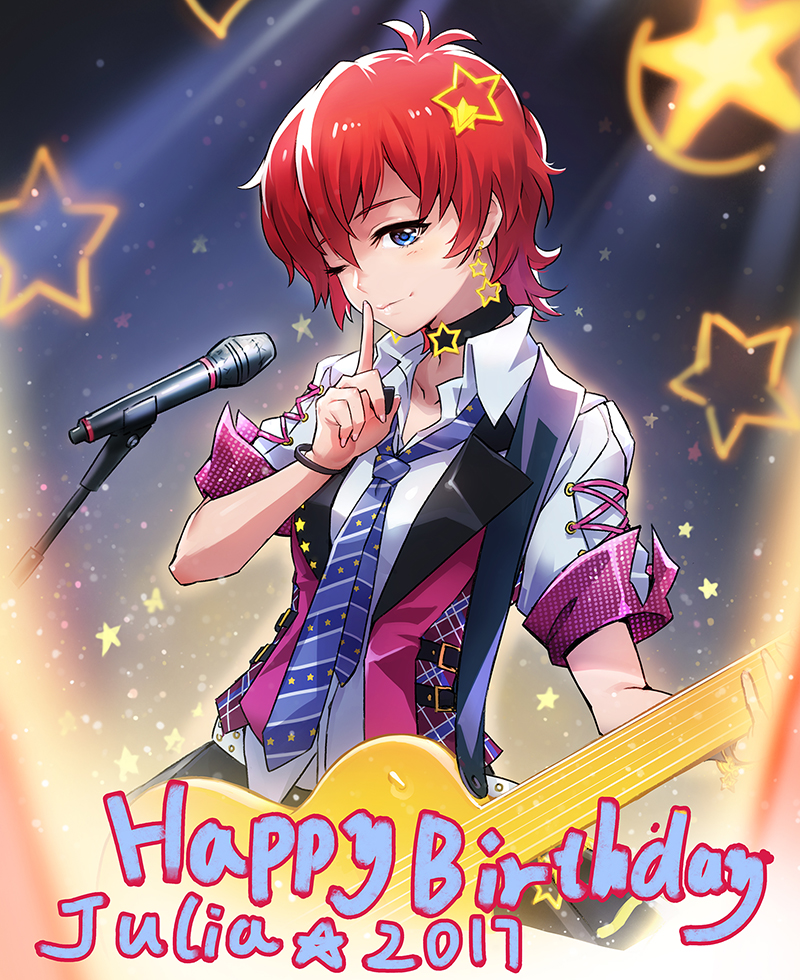 1girl backlighting belt blue_eyes bracelet choker commentary_request cross-laced_clothes electric_guitar finger_to_mouth guitar happy_birthday idolmaster idolmaster_million_live! instrument jewelry julia_(idolmaster) microphone necktie redhead short_hair skirt sleeves_folded_up solo star studded_belt todee