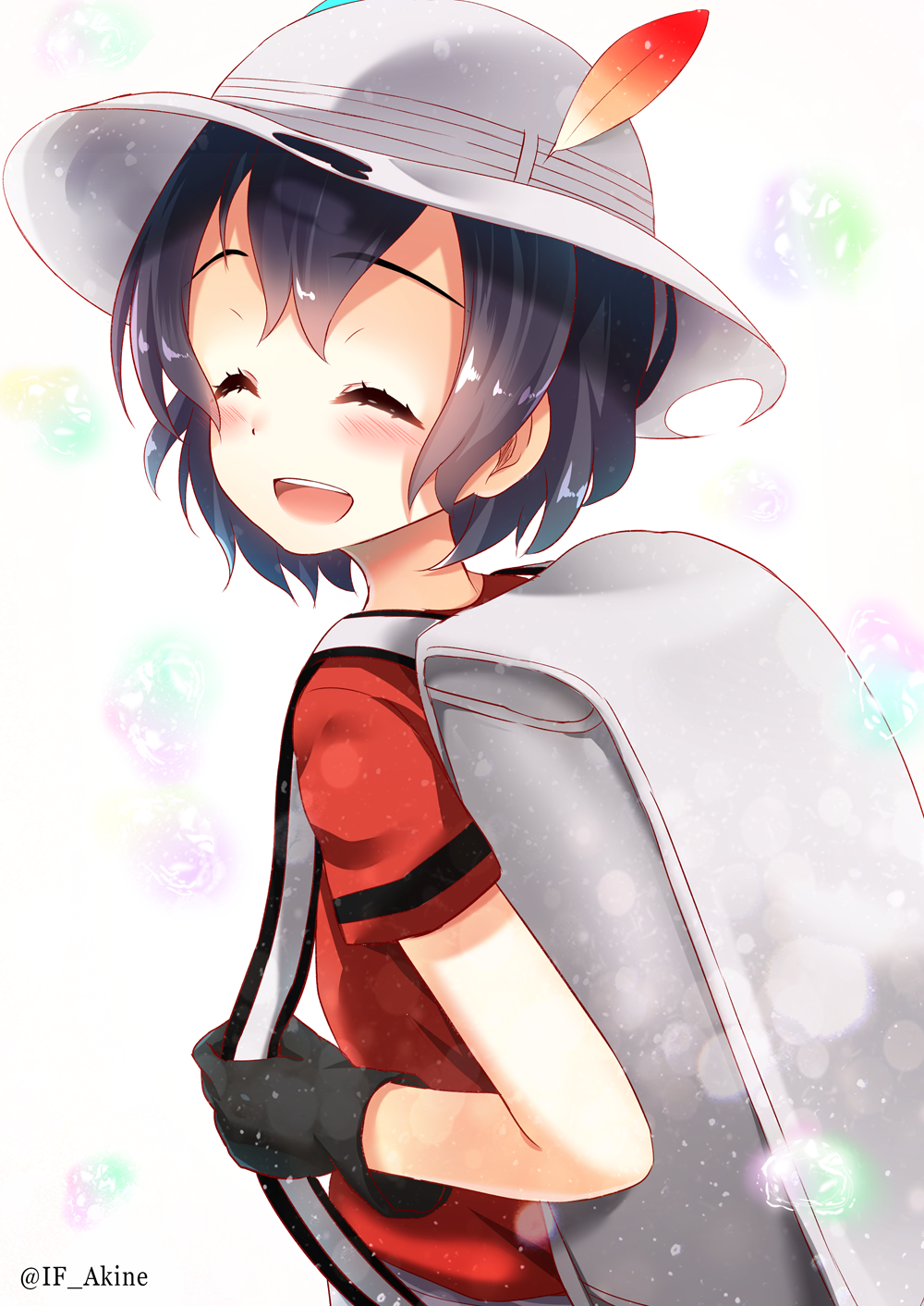 1girl :d ^_^ akine_(kuroyuri) artist_name backpack bag black_gloves black_hair blush closed_eyes facing_to_the_side facing_viewer from_side gloves hat hat_feather highres holding holding_strap kaban_(kemono_friends) kemono_friends open_mouth partial_commentary red_shirt sandstar shirt short_hair short_sleeves smile solo twitter_username white_background
