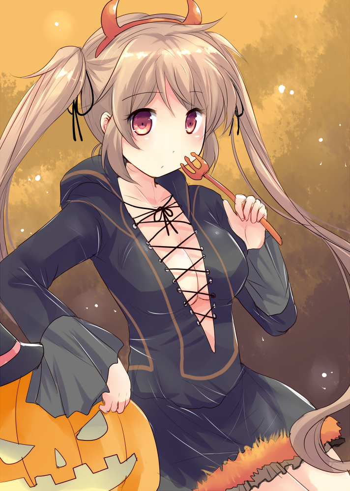 10s 1girl black_coat black_skirt blonde_hair blush breasts closed_mouth coat collarbone demon_horns eyebrows_visible_through_hair fake_horns frilled_skirt frills halloween_costume hat hirune_(konekonelkk) hood horns jack-o'-lantern kantai_collection long_hair long_sleeves looking_at_viewer medium_breasts murasame_(kantai_collection) open_clothes open_coat polearm red_eyes sitting skirt solo trident twintails upper_body weapon witch_hat