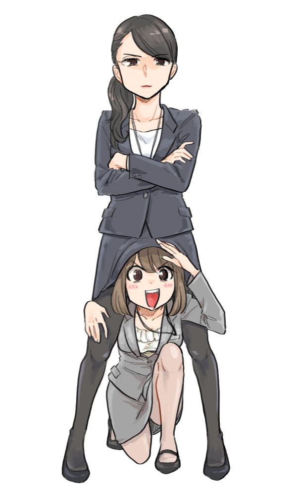 2girls bangs black_hair blush brown_hair commentary_request eyebrows_visible_through_hair kamui87 long_hair looking_at_viewer multiple_girls office_lady one_knee open_mouth original pantyhose short_hair side_ponytail simple_background standing swept_bangs under_skirt white_background yuri