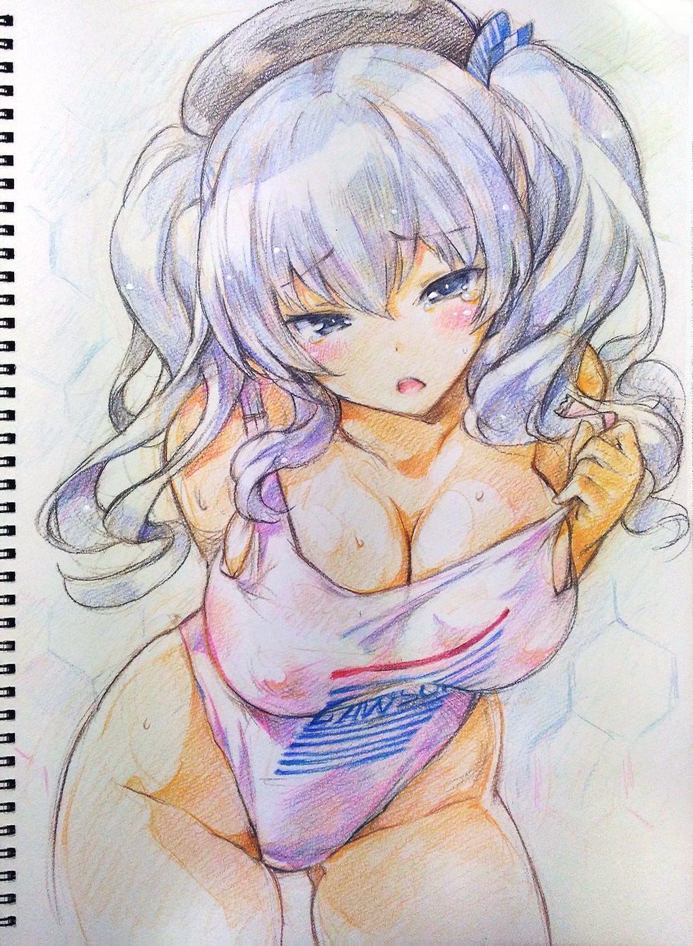 10s 1girl beret blush breasts cleavage erect_nipples grey_eyes hat highleg highres kantai_collection kashima_(kantai_collection) kiyama_satoshi large_breasts looking_at_viewer open_mouth plastic_bag_swimsuit silver_hair solo sweat tears traditional_media twintails