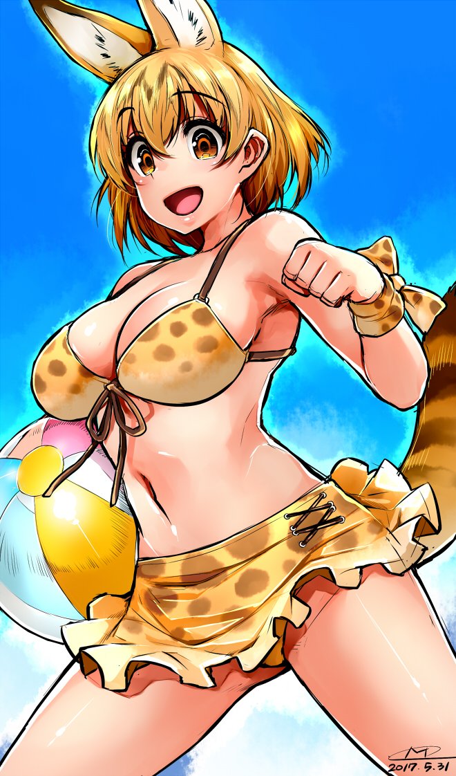 1girl 2017 :d adapted_costume animal_ears ball bare_shoulders beachball bikini blonde_hair blue_background bow breasts cleavage cowboy_shot dated extra_ears eyebrows_visible_through_hair groin hair_between_eyes happa_(cloverppd) holding holding_ball kemono_friends large_breasts looking_at_viewer navel open_mouth orange_eyes print_bikini print_bow serval_(kemono_friends) serval_ears serval_print serval_tail short_hair signature smile solo swimsuit tail wristband