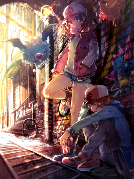 bag baseball_cap bicycle blue_eyes brown_hair bubble can closed_eyes denim denim_shorts ground_vehicle hands_in_pockets hat jersey leaning messenger_bag naru_(andante) pokemon pokemon_(game) pokemon_bw ponytail shorts shoulder_bag sitting stairs touko_(pokemon) touya_(pokemon) woobat