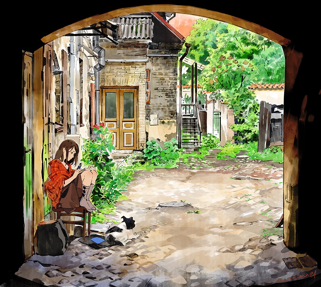1girl arch black_eyes book brown_hair brown_skirt checkered_jacket closed_eyes commentary_request day dog door flower grass grey_legwear house jacket no_shoes open_book outdoors plant profile reading road sitting skirt smile solo stairs stool street tree umishima_senbon