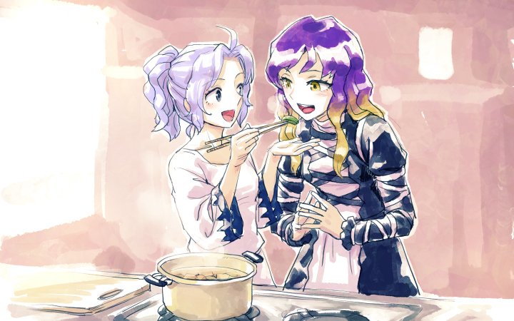 2girls ahoge alternate_hairstyle blonde_hair blush chopsticks cooking couple eye_contact feeding female gradient gradient_hair hands hands_together hands_up headwear_removed highres hijiri_byakuren indoors kitchen kumoi_ichirin lavender_hair long_hair looking_at_another meimaru_inuchiyo multicolored multicolored_hair multiple_girls open_mouth ponytail pot purple_hair round_teeth shiny shiny_hair short_hair smile standing teeth touhou violet_eyes yellow_eyes