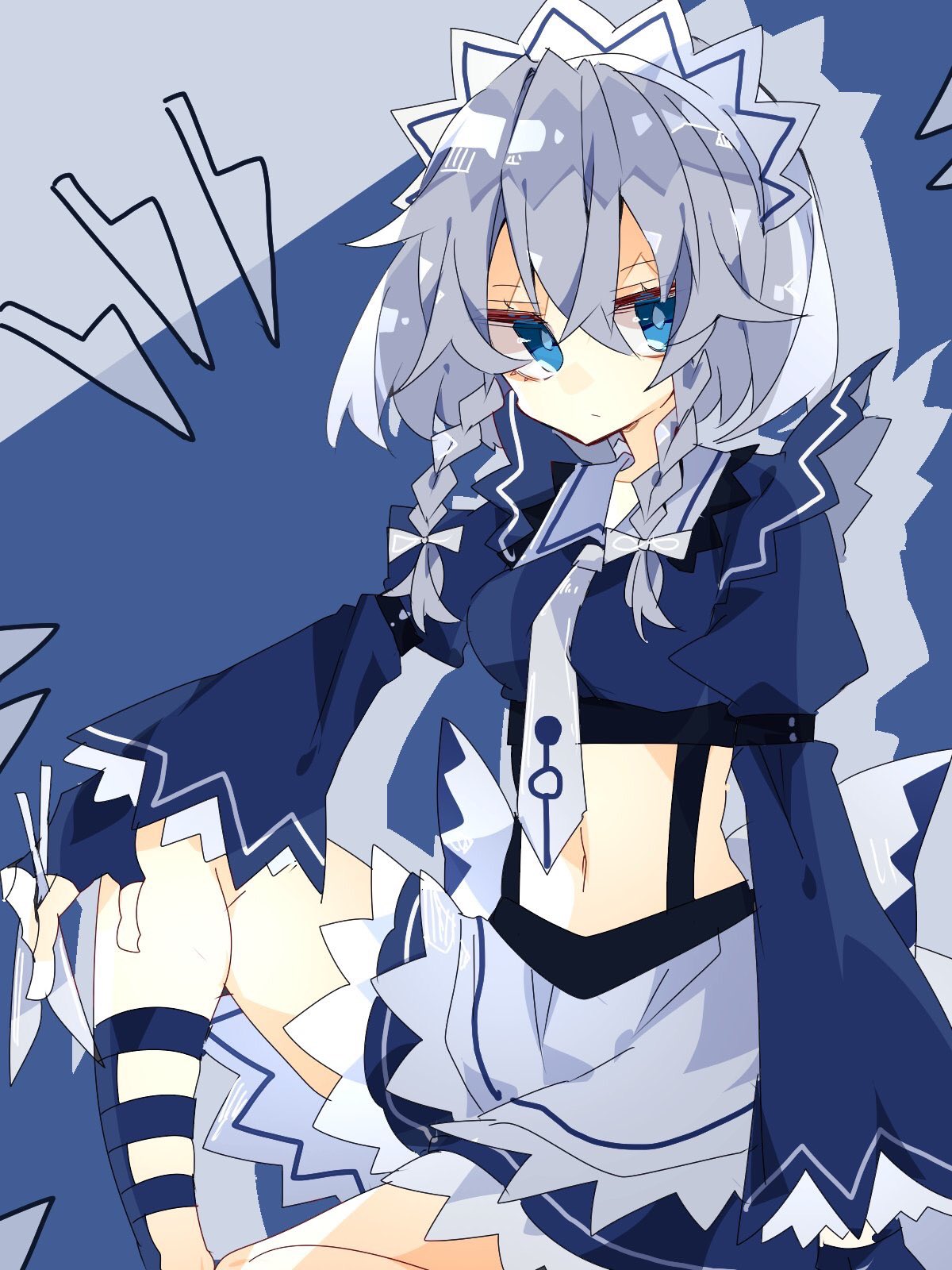 1girl alternate_costume apron blue_eyes blue_shirt blue_skirt bow closed_mouth collar crop_top expressionless hair_ribbon highres izayoi_sakuya knife looking_at_viewer maid_headdress navel necktie nikorashi-ka ribbon shirt silver_hair skirt suspenders touhou waist_apron white_necktie