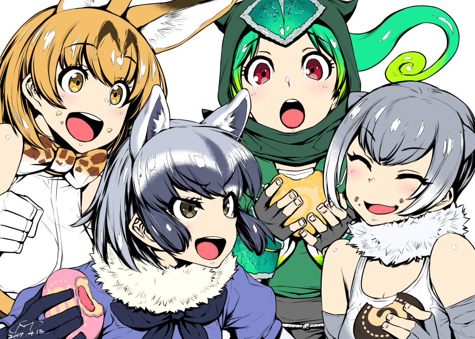 &gt;:d 2017 4girls :d :o ^_^ animal_ears bare_shoulders black_bow black_gloves black_hair black_neckwear blonde_hair blue_shirt blush bow bowtie brown_eyes chameleon_tail clenched_hand closed_eyes common_raccoon_(kemono_friends) dated extra_ears eyebrows_visible_through_hair fingerless_gloves food food_on_face forehead_protector fur_collar gloves green_hair grey_gloves grey_hair happa_(cloverppd) holding holding_food hood japari_bun japari_symbol kemono_friends multicolored_hair multiple_girls open_mouth panther_chameleon_(kemono_friends) print_bowtie raccoon_ears red_eyes serval_(kemono_friends) serval_ears serval_print shirt short_hair short_sleeves signature simple_background sleeveless small-clawed_otter_(kemono_friends) smile teeth upper_body white_background white_gloves white_shirt yellow_eyes