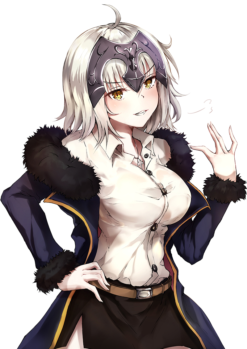 1girl ahoge belt blush braid breasts coat dress_shirt fate/grand_order fate_(series) fur-trimmed_coat fur_trim hand_on_hip headpiece jacket jeanne_alter large_breasts long_hair nakatokung off_shoulder open_mouth ruler_(fate/apocrypha) shirt short_hair silver_hair skirt white_background yellow_eyes