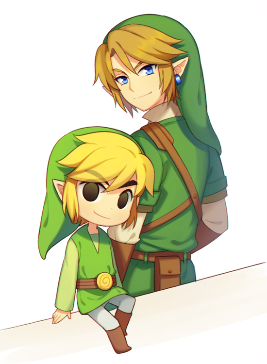 2boys black_eyes blonde_hair blue_eyes boots brown_footwear earrings eyebrows_visible_through_hair eyes_visible_through_hair hat jewelry link looking_back male_focus multiple_boys pointy_ears pouch sitting the_legend_of_zelda the_legend_of_zelda:_the_wind_waker toon_link tunic wusagi2