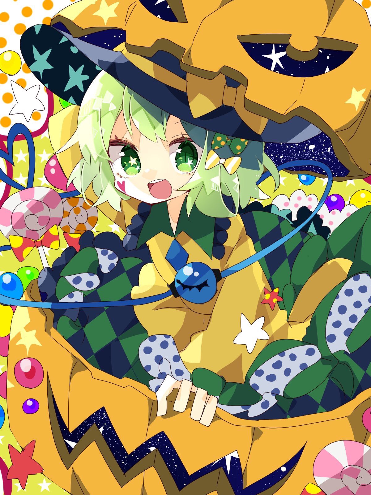 1girl black_hat bow candy collar food frills green_eyes green_hair hair_ribbon halloween hat hat_bow heart heart_of_string highres jack-o'-lantern komeiji_koishi lollipop long_sleeves looking_at_viewer multicolored multicolored_clothes multicolored_skirt nikorashi-ka open_mouth puffy_sleeves ribbon shirt short_hair skirt smile star star-shaped_pupils starry_background symbol-shaped_pupils third_eye tooth touhou yellow_shirt