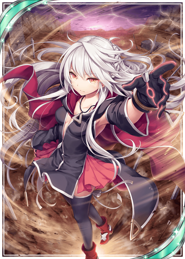 1girl akkijin black_gloves braid card_(medium) desert dress gloves hand_up lightning lightning_bolt looking_at_viewer red_eyes shinkai_no_valkyrie silver_hair solo storm sword thigh-highs weapon wind