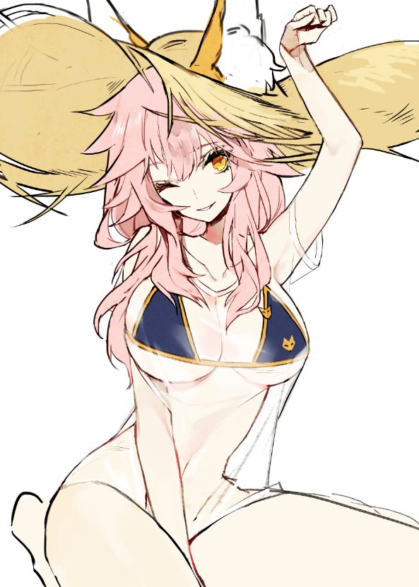 1girl animal_ears arm_up bare_arms bare_legs between_legs bikini blue_bikini breasts commentary eyebrows_visible_through_hair fate/grand_order fate_(series) fox_ears hair_between_eyes hand_between_legs hat large_breasts long_hair looking_at_viewer mo_(mocopo) navel one_eye_closed orange_eyes parted_lips pink_hair see-through seiza simple_background sitting sketch smile solo sun_hat swimsuit tamamo_(fate)_(all) tamamo_no_mae_(fate) tamamo_no_mae_(swimsuit_lancer)_(fate) white_background