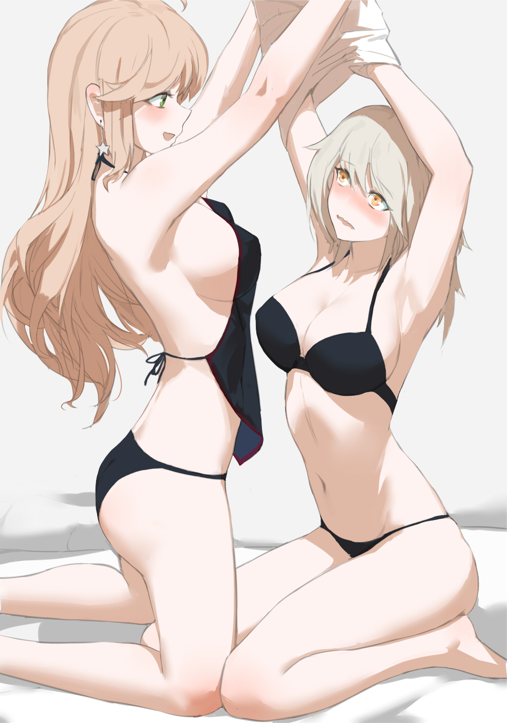 2girls :d armpits arms_up ass assisted_exposure bare_arms bare_legs bare_shoulders barefoot black_bra black_panties black_ribbon blonde_hair blush bra breasts character_request cleavage commentary earrings embarrassed green_eyes grey_background highres jewelry jiaoshouwen kneeling large_breasts light_brown_hair long_hair looking_up medium_breasts missouri_(zhan_jian_shao_nyu) multiple_girls navel nose_blush open_mouth orange_eyes panties ribbon see-through sideboob simple_background sitting smile star star_earrings stomach underwear underwear_only wariza wavy_mouth yuri zhan_jian_shao_nyu