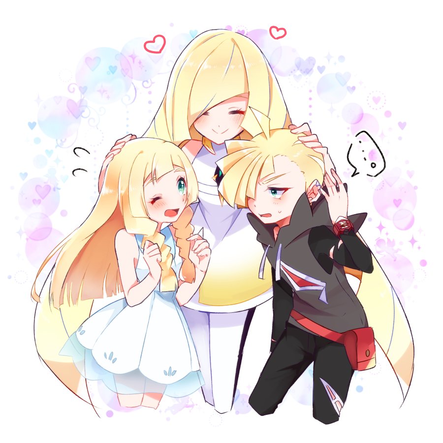 1boy 2girls black_pants blonde_hair blush braid brother_and_sister closed_eyes dress family gladio_(pokemon) green_eyes hair_over_one_eye hand_on_another's_head heart hood hoodie lillie_(pokemon) long_hair long_sleeves lusamine_(pokemon) mother_and_daughter mother_and_son multiple_girls mvls_7 one_eye_closed open_mouth pants pokemon pokemon_(game) pokemon_sm short_dress short_hair siblings sleeveless sleeveless_dress smile torn_clothes torn_pants twin_braids very_long_hair white_dress z-ring