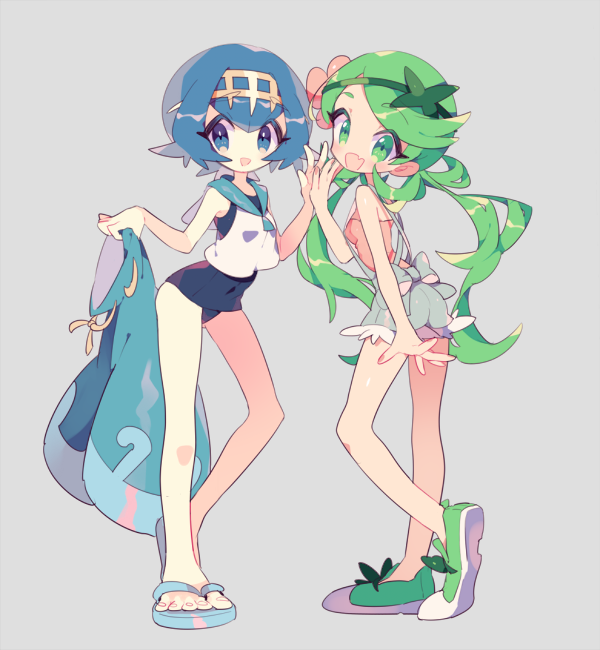 2girls bangs blue_eyes blue_hair blue_sailor_collar dark_skin flower full_body green_eyes green_hair hair_flower hair_ornament hairband long_hair looking_at_viewer mallow_(pokemon) multiple_girls one-piece_swimsuit open_mouth pokemon pokemon_(game) pokemon_sm short_hair sleeveless smile suiren_(pokemon) swimsuit takashino_(noni-nani) trial_captain twintails