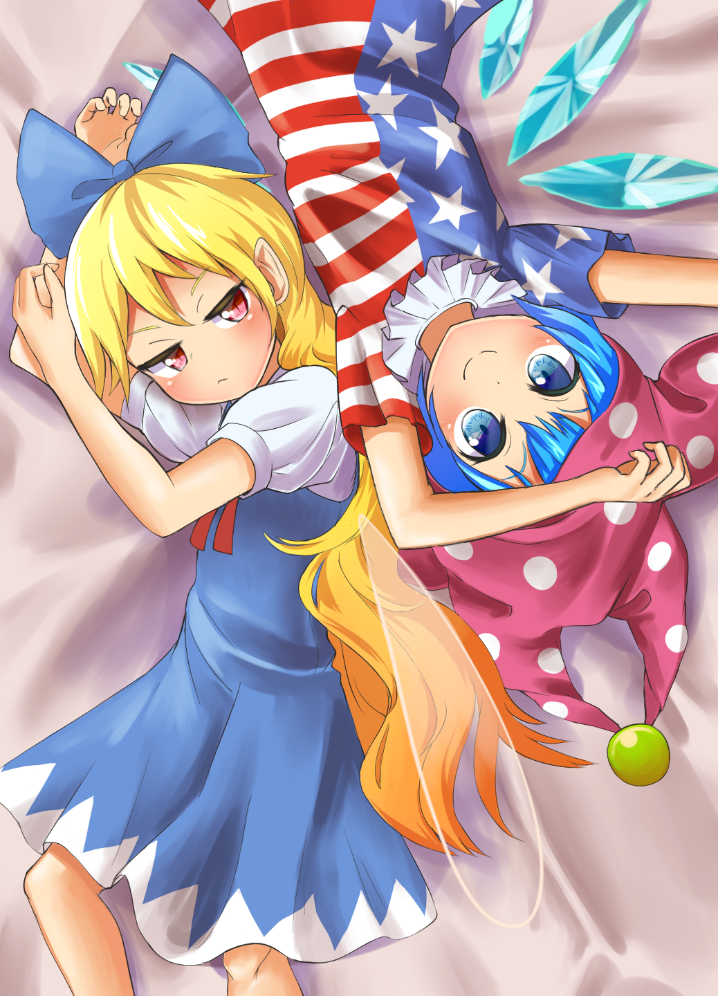 2girls american_flag_dress bangs bed_sheet blonde_hair blue_bow blue_dress blue_eyes blue_hair blush bow cirno closed_eyes clownpiece cosplay costume_switch dress fairy_wings flat_chest from_above frown hair_bow hat highres ice ice_wings jester_cap jitome kusamochi long_hair looking_at_viewer lying multiple_girls neck_ribbon neck_ruff on_back on_side pointy_ears polka_dot pout puffy_short_sleeves puffy_sleeves red_eyes red_ribbon ribbon short_dress short_hair short_sleeves slit_pupils smile touhou very_long_hair wings