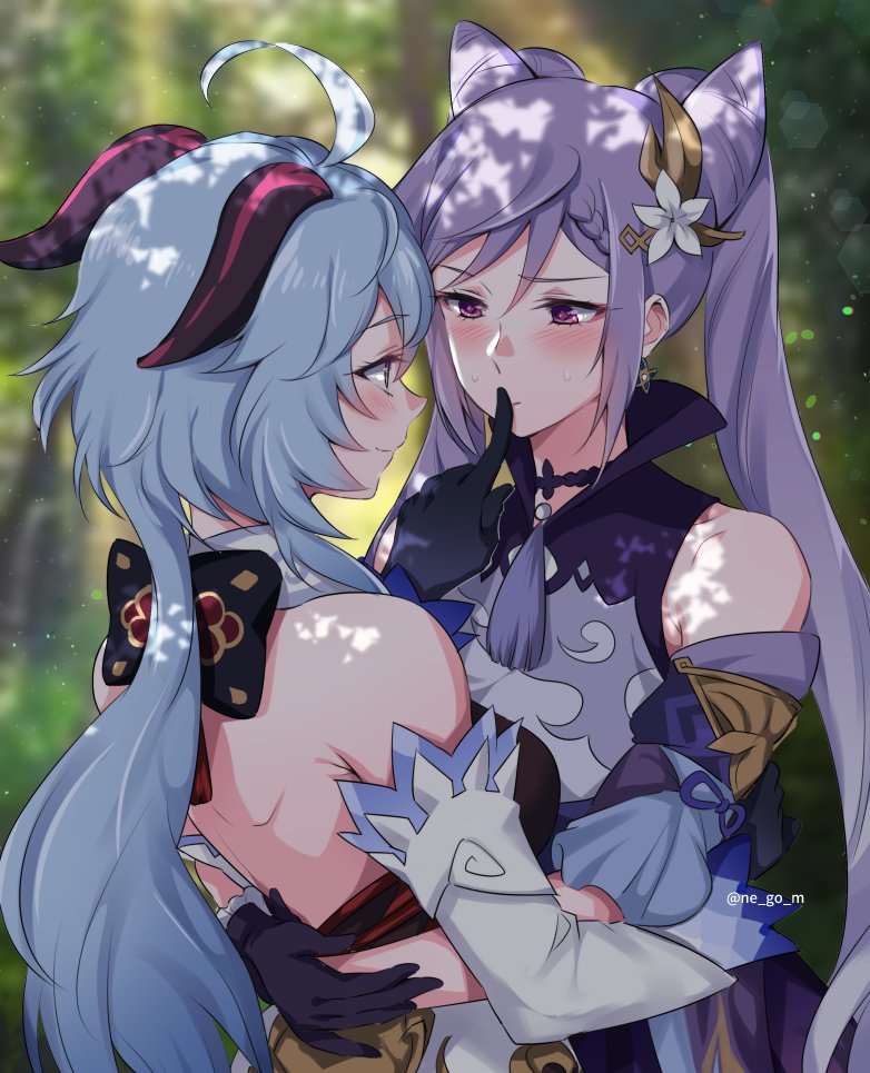 2girls ahoge arm_around_waist back bangs bare_shoulders black_gloves blue_hair blurry blurry_background blush braid detached_sleeves dress finger_to_another's_mouth flower from_behind ganyu_(genshin_impact) genshin_impact gloves goat_horns hair_cones hair_flower hair_ornament horns hug keqing_(genshin_impact) long_hair long_sleeves looking_at_another multiple_girls negom purple_dress purple_hair sidelocks tassel twintails twitter_username upper_body very_long_hair yuri