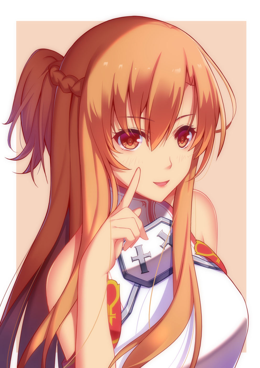 1girl :d aira5 asuna_(sao) bangs bare_arms bare_shoulders blush braid breastplate breasts brown_eyes brown_hair cross eyebrows_visible_through_hair eyelashes finger_to_cheek french_braid hair_between_eyes hand_to_head hand_up highres index_finger_raised long_hair looking_at_viewer medium_breasts open_mouth pointing pointing_at_self ponytail shirt short_ponytail sleeveless sleeveless_shirt smile solo sword_art_online turtleneck upper_body white_shirt