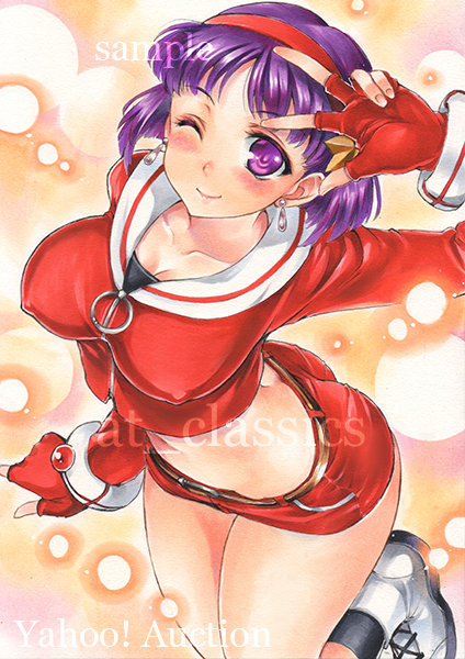 1girl ;) arm_up artist_name asamiya_athena ass at_classics bangs belt blush breasts cleavage closed_mouth earrings erect_nipples eyebrows_visible_through_hair fingerless_gloves gloves hairband jewelry large_breasts long_sleeves looking_at_viewer one_eye_closed purple_hair red_gloves red_shorts sample shoes short_hair shorts smile solo the_king_of_fighters traditional_media v_over_eye violet_eyes watermark