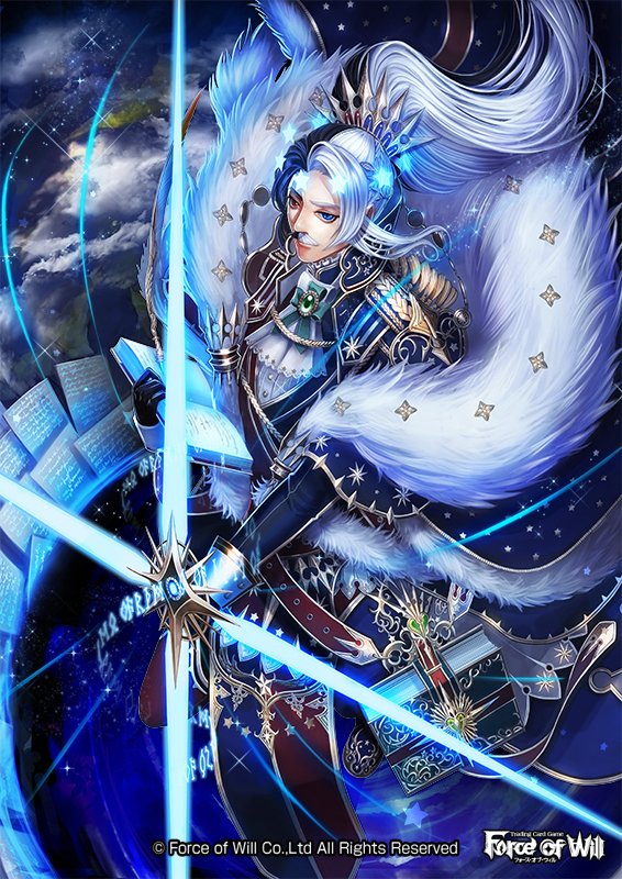 1boy black_hair blue_eyes book clouds copyright_name crown facial_hair force_of_will fur_trim gem gloves heterochromia long_hair male_focus multicolored_hair mustache official_art ponytail red_eyes solo sparkle star sword two-tone_hair weapon white_hair