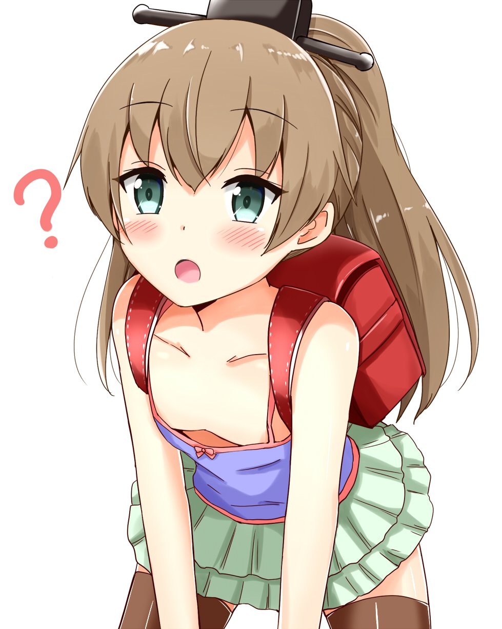 10s 1girl ? aikawa_ryou alternate_costume aqua_eyes backpack bag brown_hair brown_legwear downblouse eyebrows_visible_through_hair green_skirt hair_between_eyes highres kantai_collection kumano_(kantai_collection) long_hair no_bra open_mouth ponytail randoseru simple_background skirt solo thigh-highs white_background